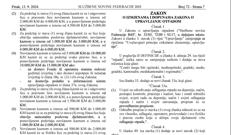 Law on amendments to the waste management Law in the Federation of BiH Published