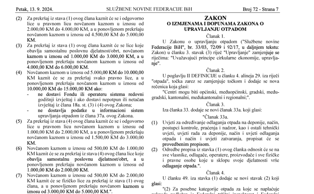 Law on amendments to the waste management Law in the Federation of BiH Published