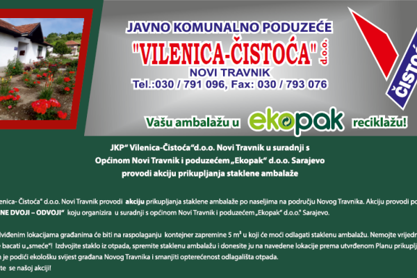 JKP „Vilenica-Čistoća“ u saradnji sa Ekopakom i Općinom Novi Travnik provodi veliku akciju prikupljanja staklene ambalaže